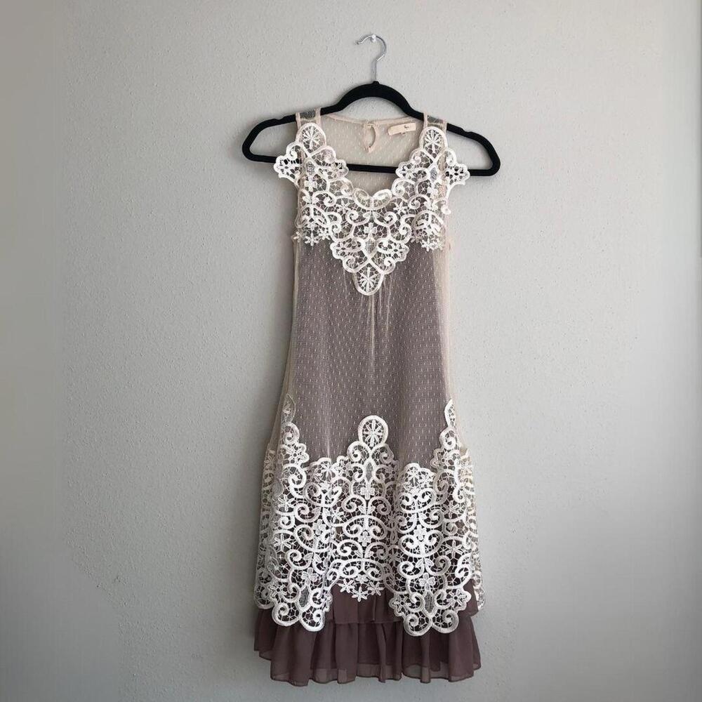 ✨SOLD✨ Rye Brown and Cream Mesh Lace Ruffle Dress XS